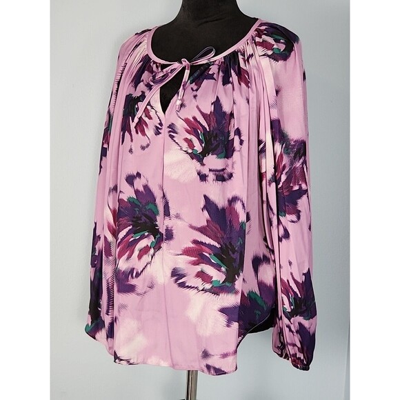 Jennifer Lopez JLO Blouse Large Purple Floral Boho Keyhole Neck Ties - Picture 2 of 15